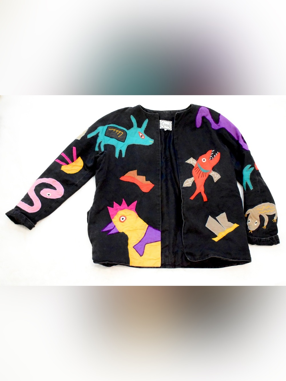 Vintage Girassol Black Multicolor Animal Print Embroidered Jacket, Size Small